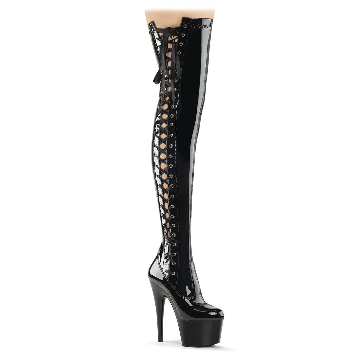 Pleaser Adore 3050 Womens 7 Heel Platform Side Lace Stretch Fit Thigh Length Boots