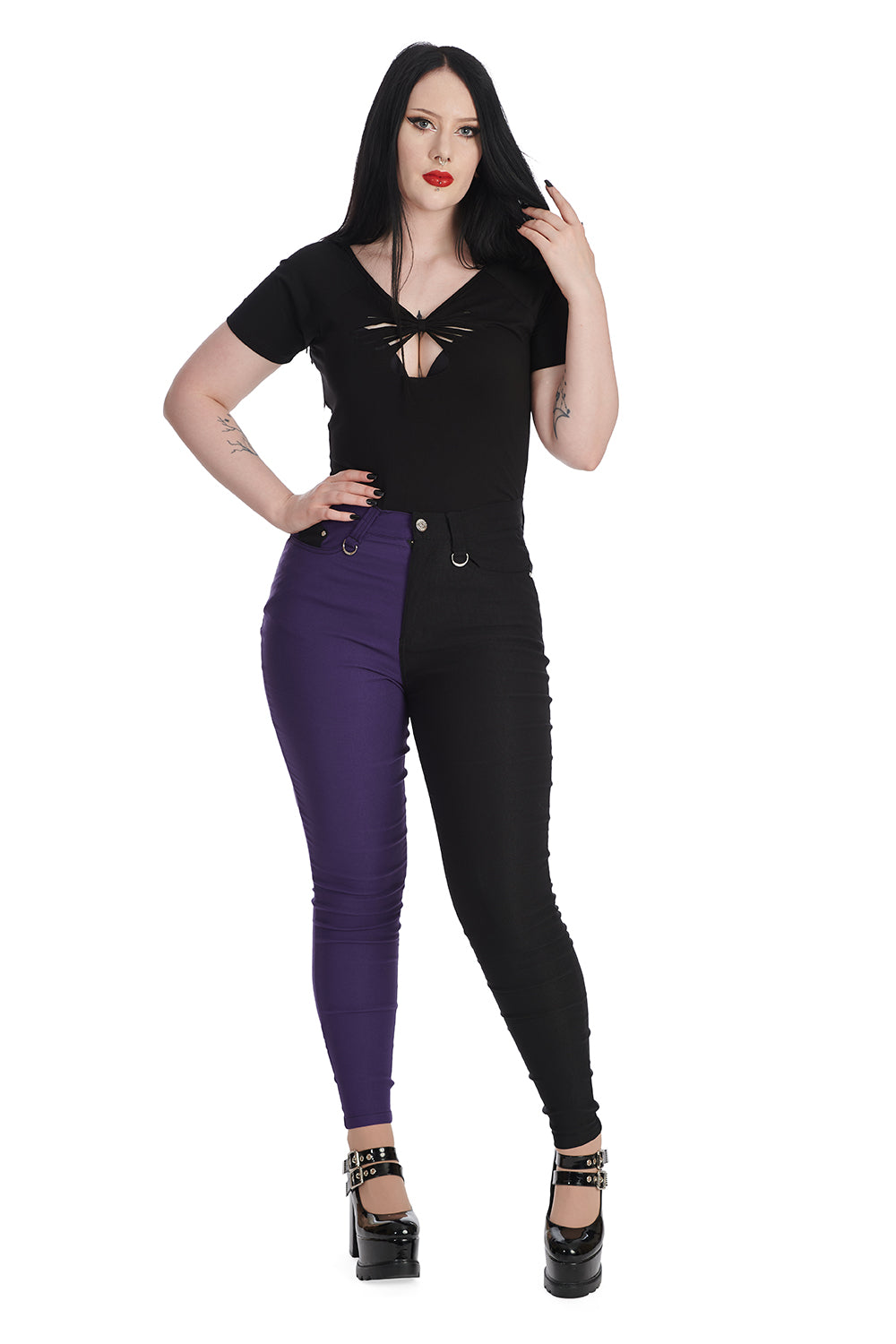 Banned Apparel Bailey Half & Half Black and Purple Trousers