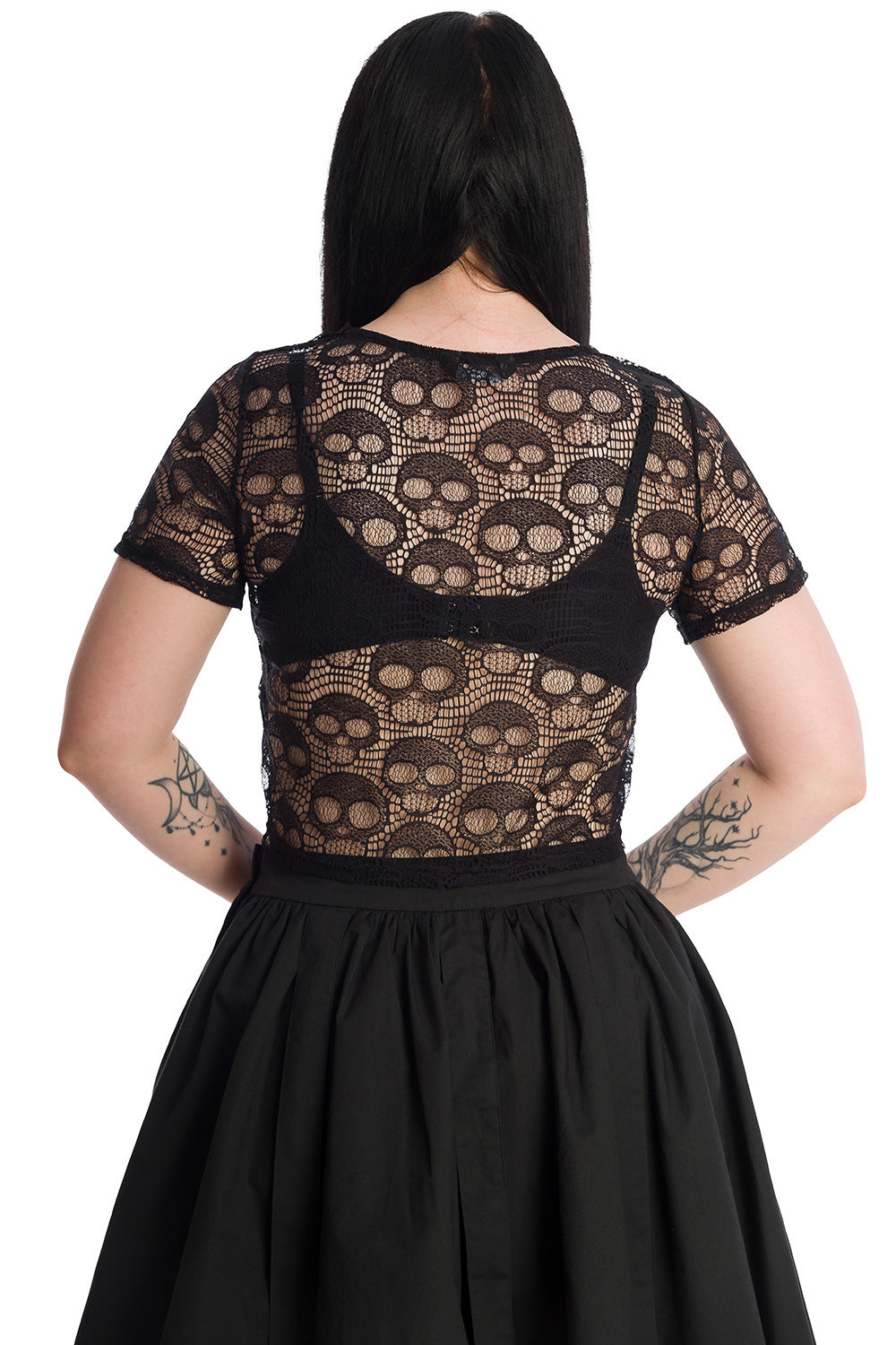 Banned Apparel Black Lace Skull Cropped Top ~ Back View