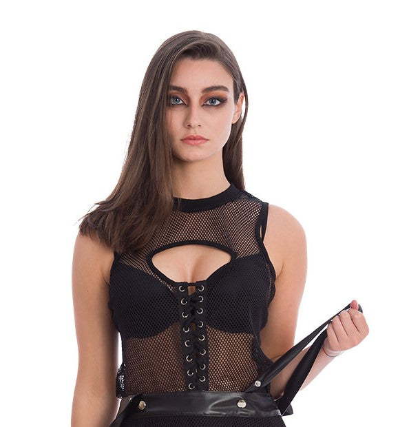 Banned Apparel Fishnet Tie Up Front Bodice Top