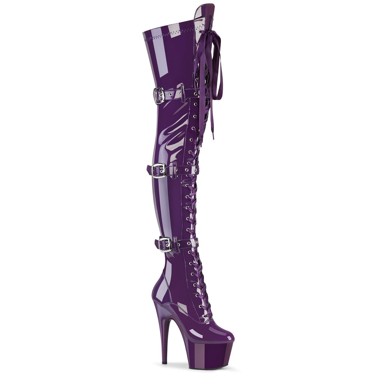 Pleaser Adore 3028 Purple Womens 7" Heels, Platform Front Lace, Stretch Fit Thigh Length Buckle Boot