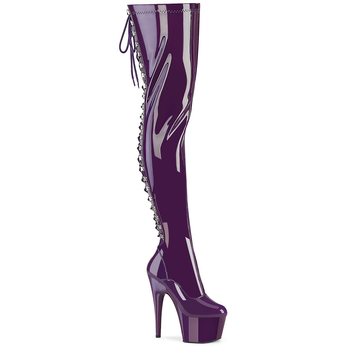 Pleaser Adore 3063 Purple Womens 7" Heel, Platform Back Lace, Stretch Fit Thigh Length Boots