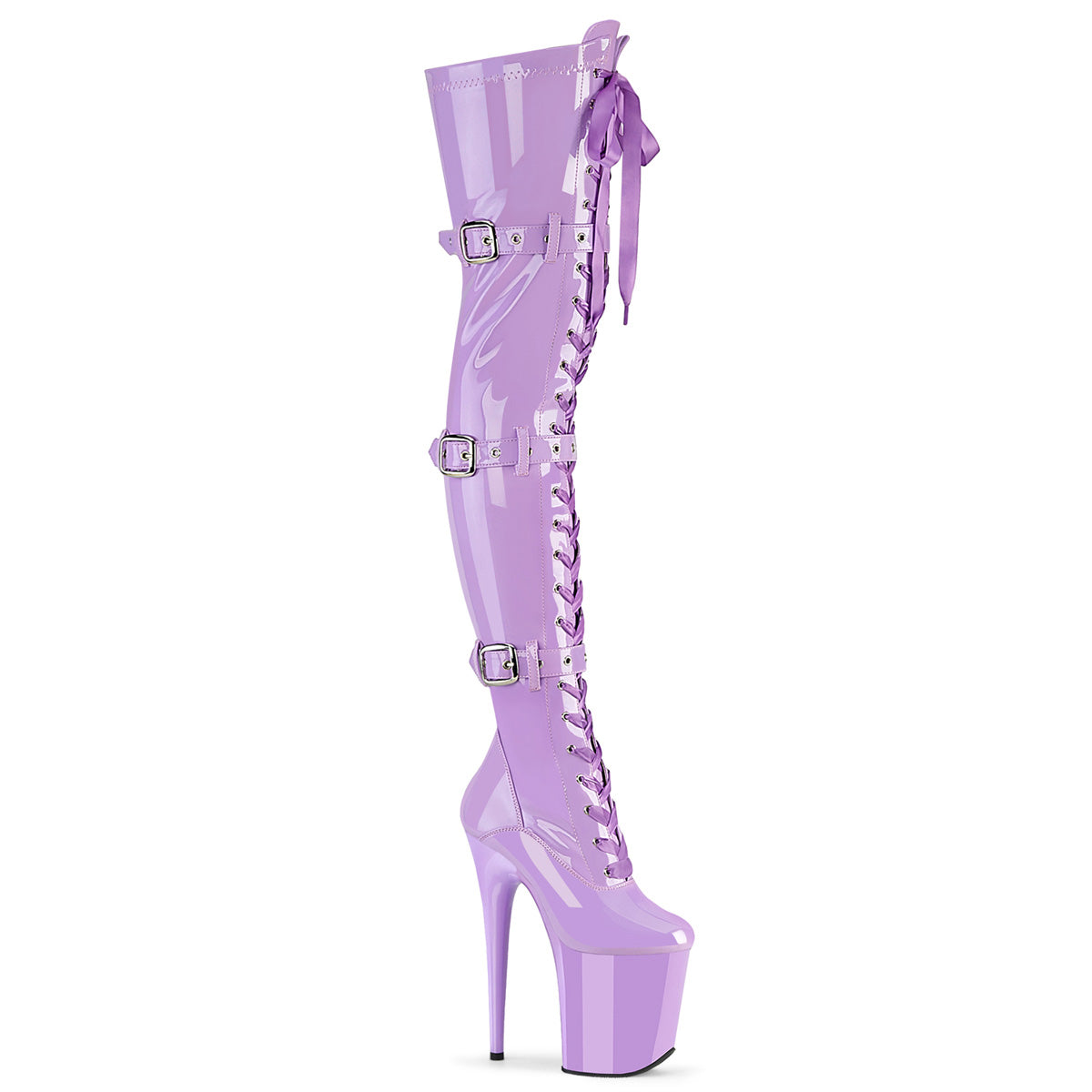 Pleaser Flamingo 3028 Womens 8 Inch Heel, Platform Front Lace, Stretch Fit Thigh-High Boots with Buckles