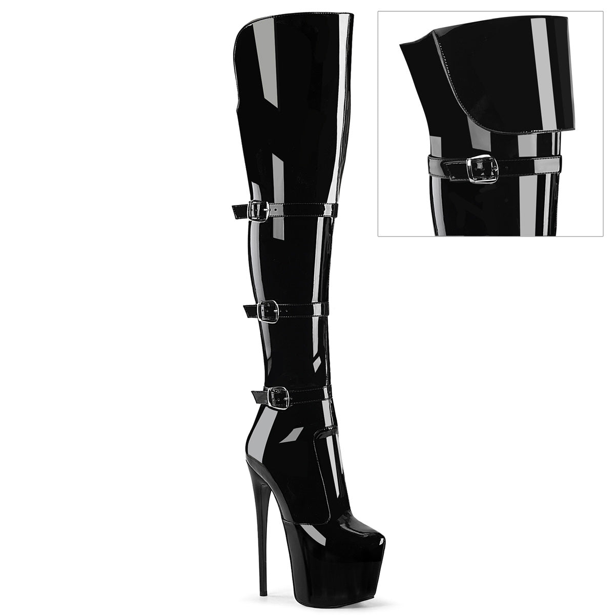 Pleaser Jubilant 3018 Womens 7 Inch Stiletto Heeled, Platform Stretch Over The Knee Buckle Boots