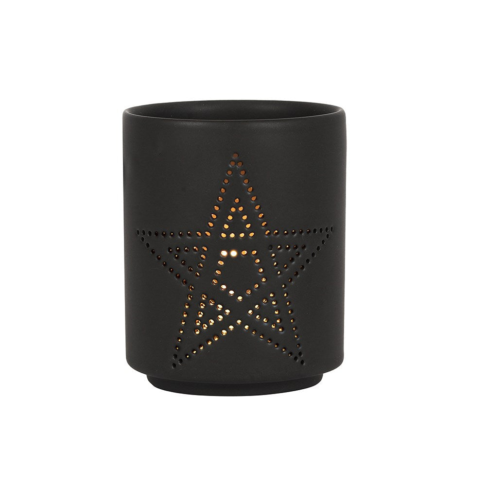 Black Ceramic Small Pentagram Cut Tealight Holder - GothandAlternative